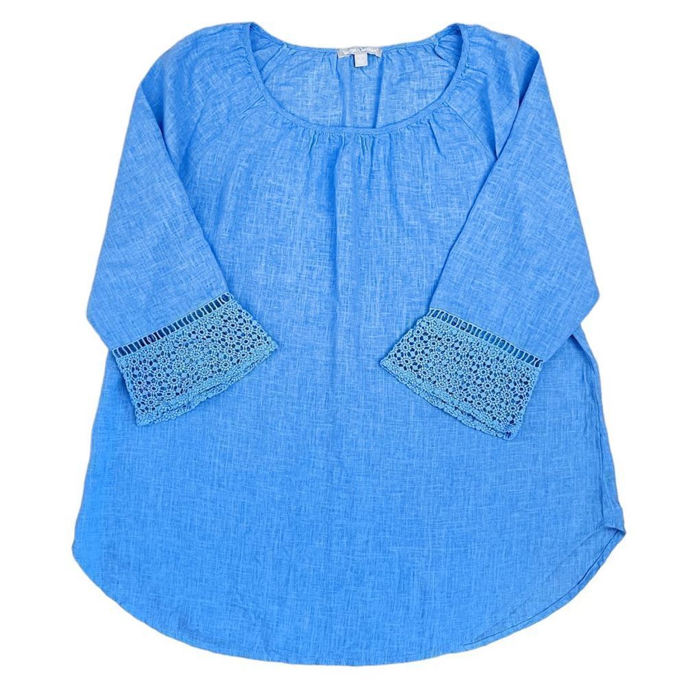 Woman Within Size M 14/16 Blue Linen Blend w/Lace Detail Peasant Boho Tunic Top